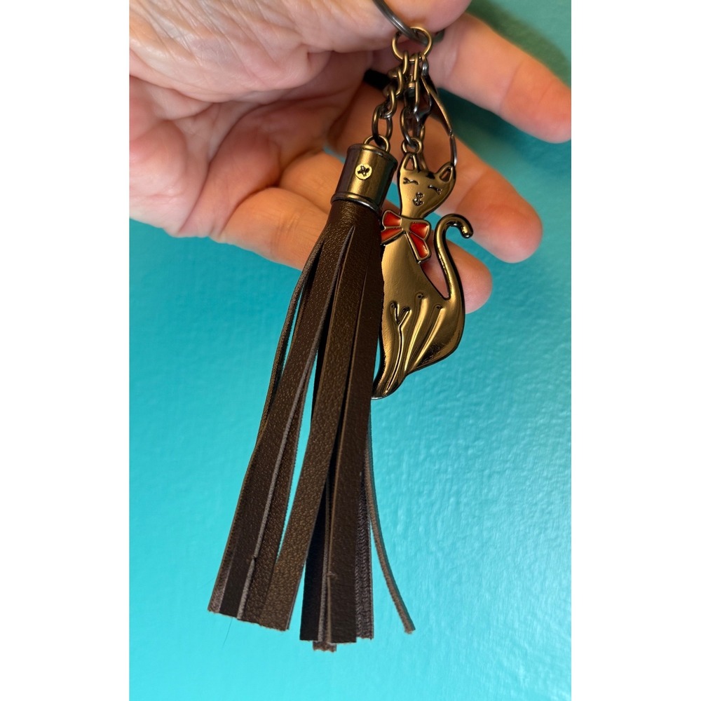 Cat Keychain Bag Charm Gunmetal Brown Tassel Red Bow Gothic Cute Quirky Cat Mom